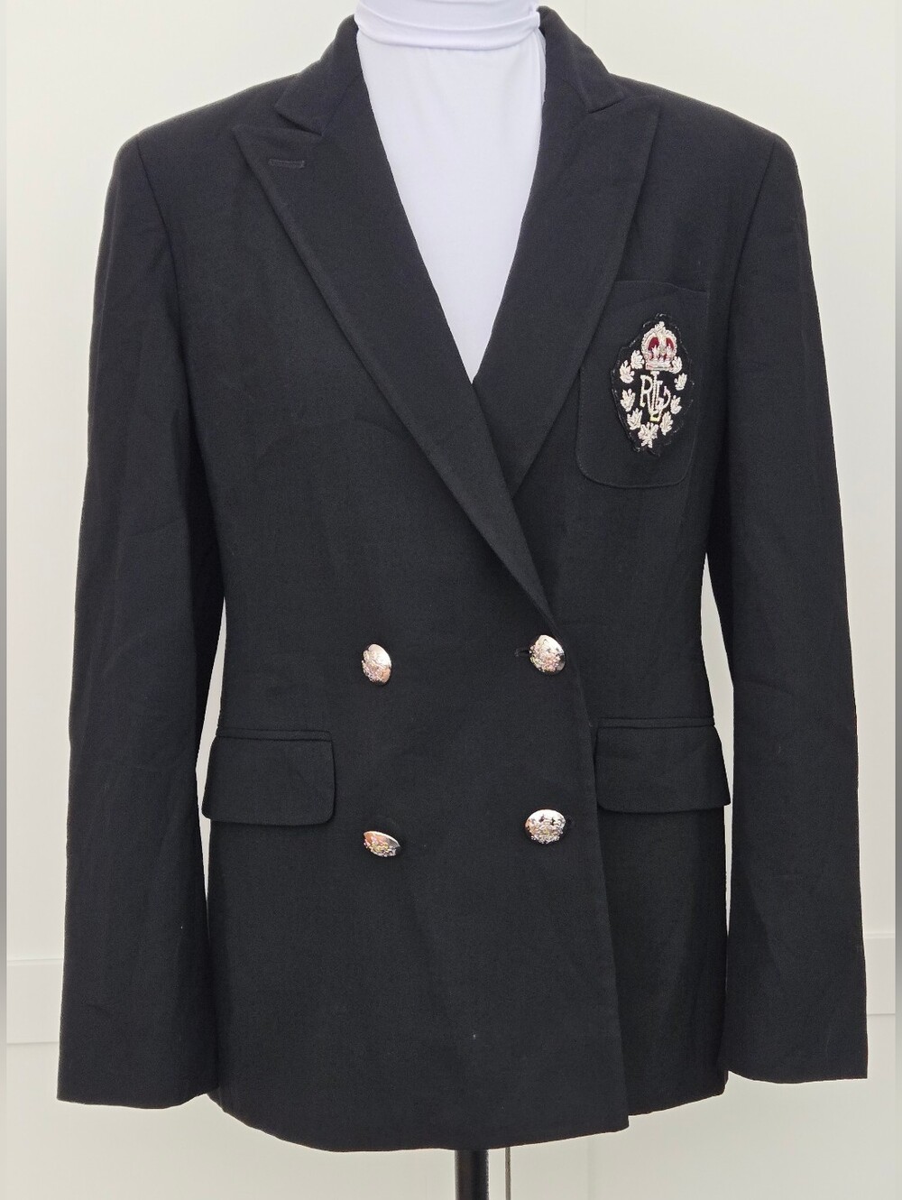 Vtg Lauren Ralph Lauren Black Wool Blazer Jacket 3D Silver Crest & Crown Size 2P